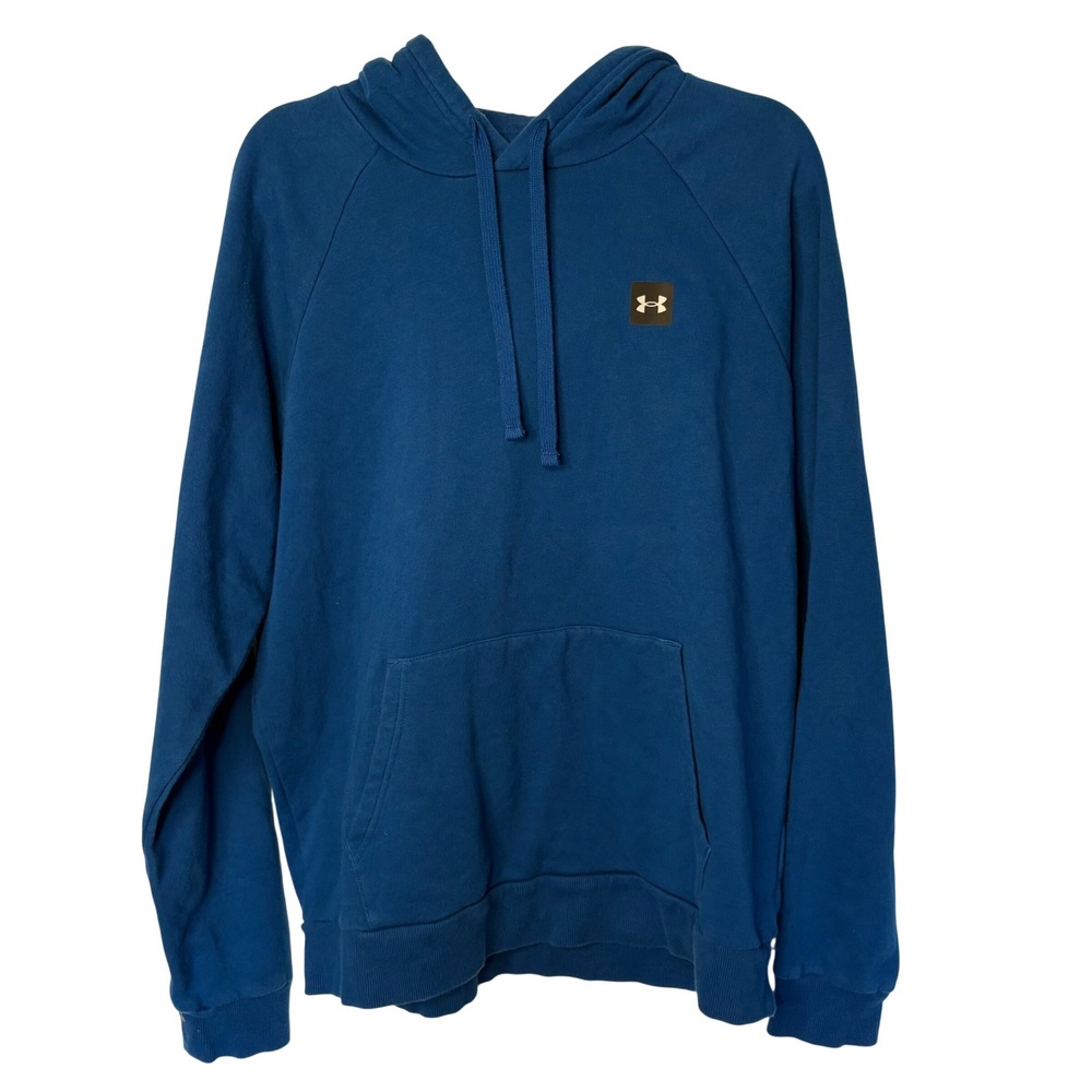 UA Under Armour Rival Fleece Hoodie Blue Mens Large Graphic Patch Aesthetic Cozy